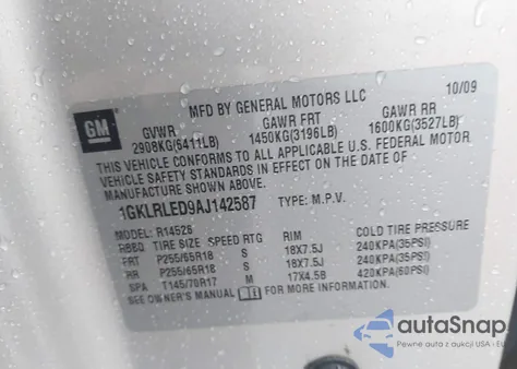 2010 GMC Acadia Sle z USA, uszkodzony, nr VIN 1GKLRLED9AJ142587